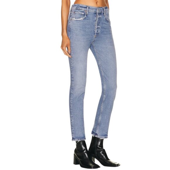 Agolde Riley Long Straight Leg Jeans Size 27 In Cove Wash Faded Denim Distressed - Picture 12 of 15